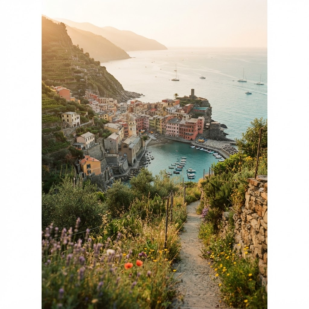 Golden-hour view over a colorful coastal village with a footpath winding down to the sea