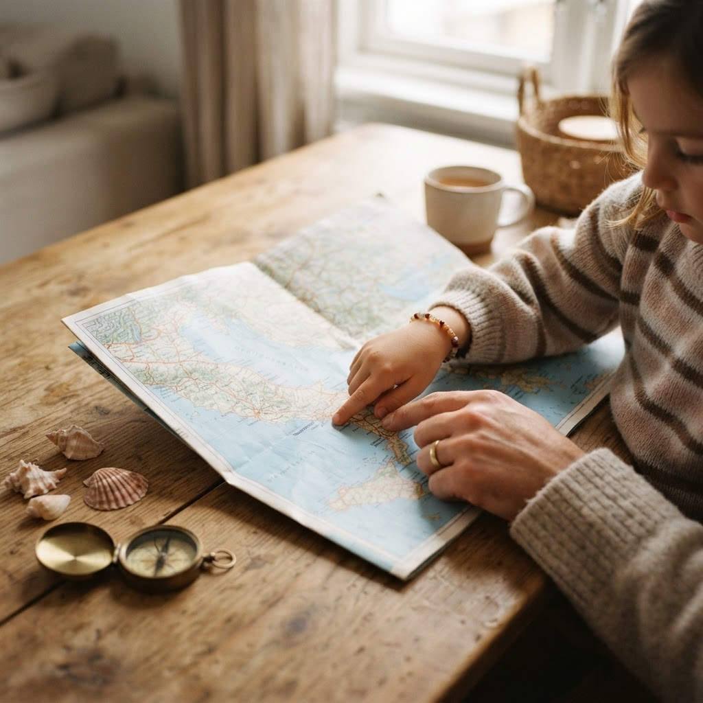 A parent and child tracing a route together on a paper map